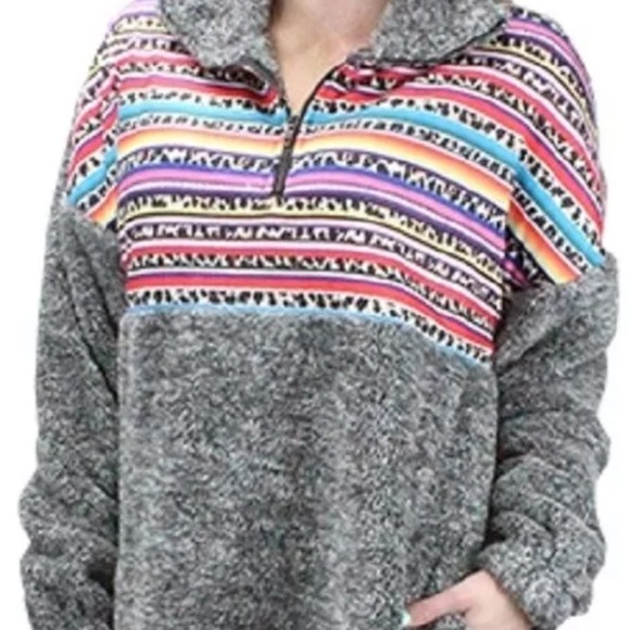 Sunshine & Rodeos Gray Fleece Southwestern Aztec Print Oversized Pullover Small - Picture 3 of 10